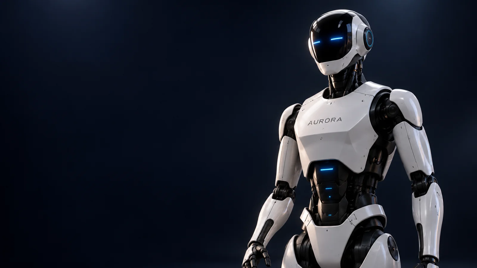 AURORA humanoid robot concept with a white shell, dark visor and blue illuminated eyes